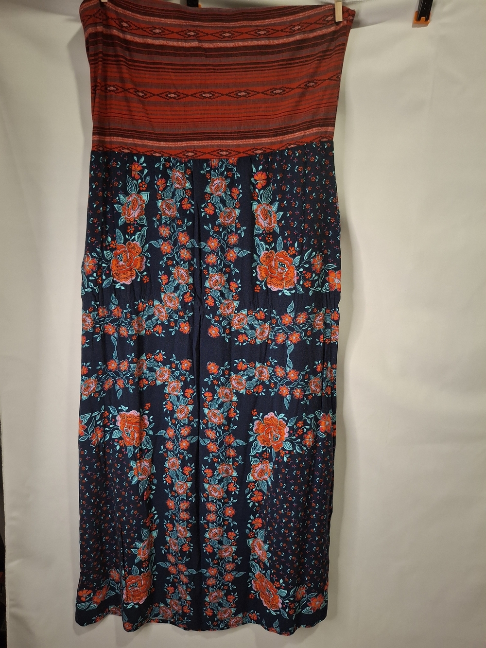 Weavers Strapless Maxi Dress in Navy with Orange Floral